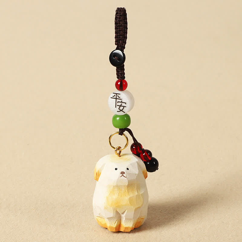 Buddha Stones Carved Wood Dog Om Mani Padme Hum Creativity Keychains - Safe White Dog - image 7