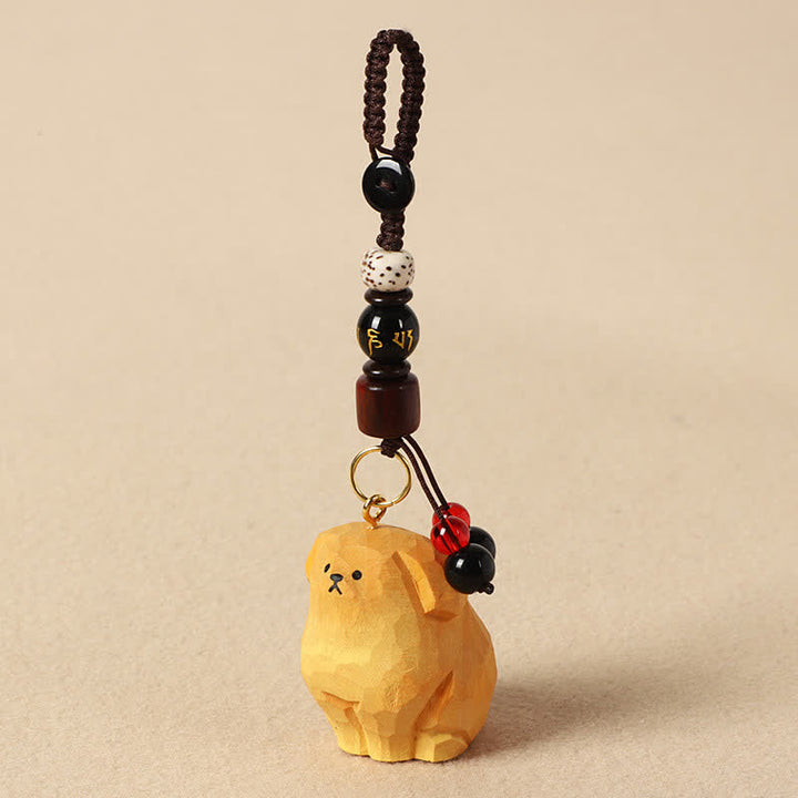 Buddha Stones Carved Wood Dog Om Mani Padme Hum Creativity Keychains - Om Mani Padme Hum Yellow Dog - image 3