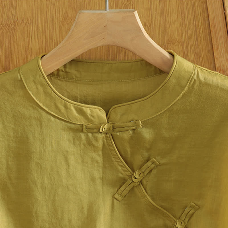 Buddha Stones Summer Tang Style Casual Frog Button Solid Tank Top Women's Sleeveless Shirts - image 3