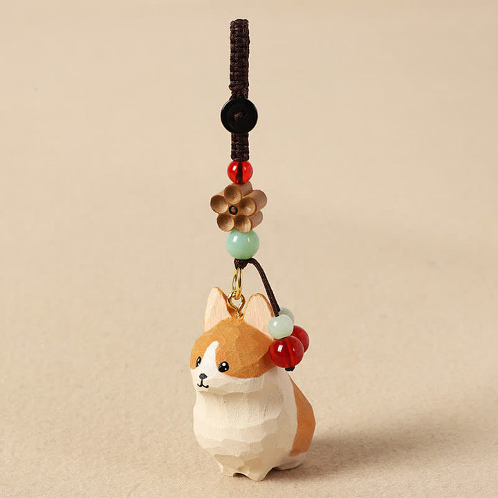 Buddha Stones Carved Wood Corgi Om Mani Padme Hum Peace Keychains - image 1