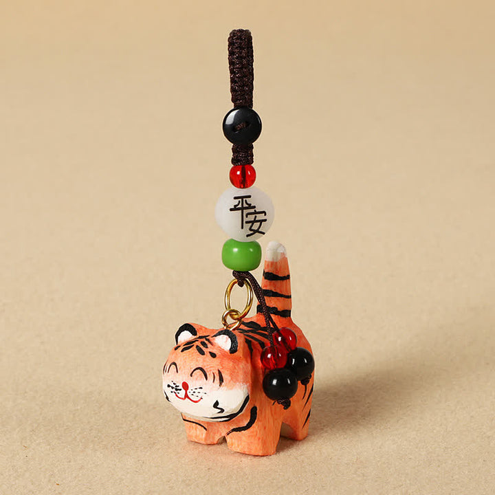 Buddha Stones Carved Wood Tiger Om Mani Padme Hum Focus Keychains - Safe Tiger - image 1