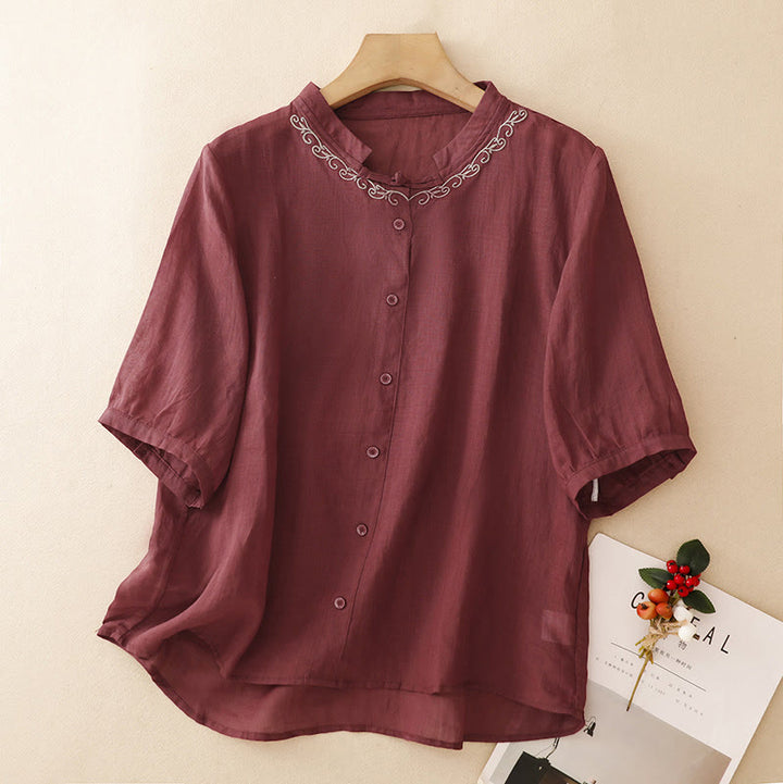 Buddha Stones Summer Casual Elegant Tang Style Vine Embroidery Crew Neck Button-Up Solid Women's Short Sleeve Shirts - Maroon - US8-10, UK/AU12-14, EU40-42 (2XL) - image 17
