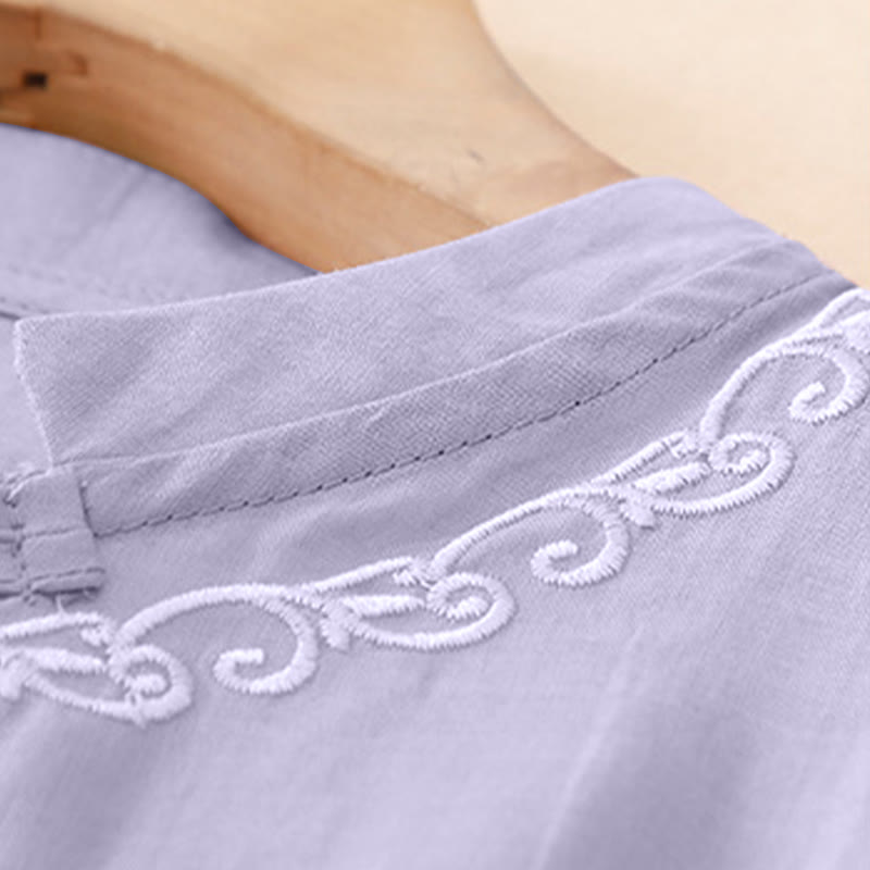 Buddha Stones Summer Casual Elegant Tang Style Vine Embroidery Crew Neck Button-Up Solid Women's Short Sleeve Shirts - image 3