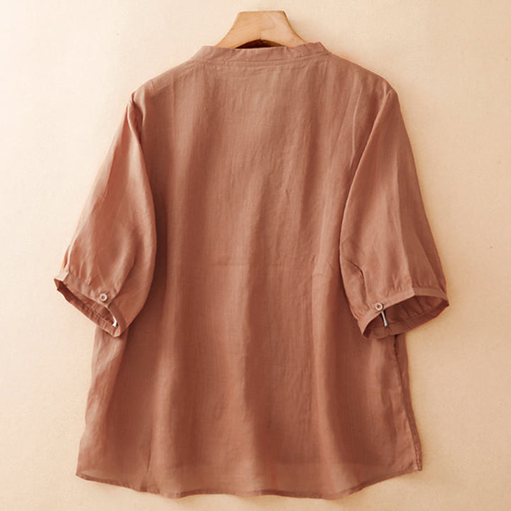 Buddha Stones Summer Casual Elegant Tang Style Vine Embroidery Crew Neck Button-Up Solid Women's Short Sleeve Shirts - image 9