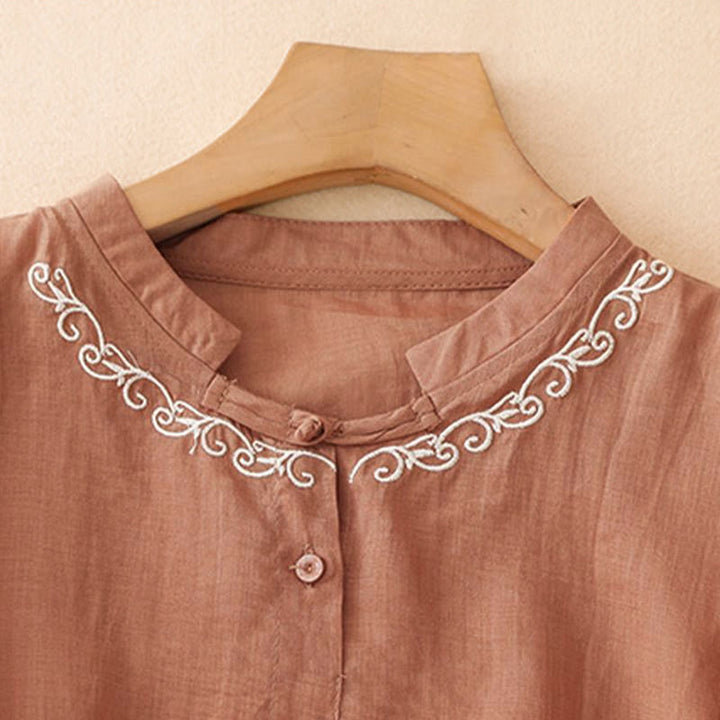 Buddha Stones Summer Casual Elegant Tang Style Vine Embroidery Crew Neck Button-Up Solid Women's Short Sleeve Shirts - image 10