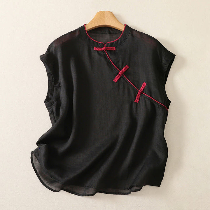 Buddha Stones Summer Tang Style Casual Frog Button Solid Tank Top Women's Sleeveless Shirts - Black - US12, UK/AU16, EU44 (2XL) - image 0