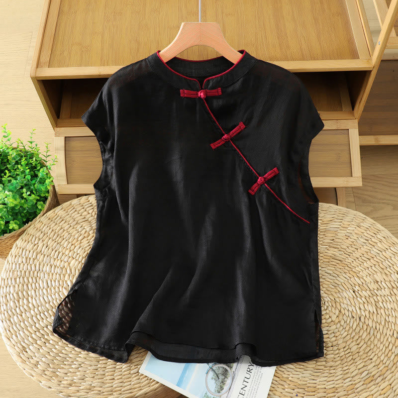 Buddha Stones Summer Tang Style Casual Frog Button Solid Tank Top Women's Sleeveless Shirts - image 1