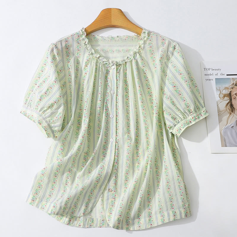 Buddha Stones Summer Casual Elegant Button-Up Floral Striped Crew Neck Women's Short Sleeve Shirts - Beige - US12, UK/AU16, EU44 (2XL) - image 19