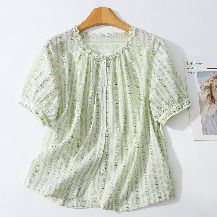 Buddha Stones Summer Casual Elegant Button-Up Floral Striped Crew Neck Women's Short Sleeve Shirts - Beige - US12, UK/AU16, EU44 (2XL) - image 19