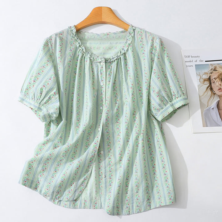 Buddha Stones Summer Casual Elegant Button-Up Floral Striped Crew Neck Women's Short Sleeve Shirts - PowderBlue - US12, UK/AU16, EU44 (2XL) - image 10