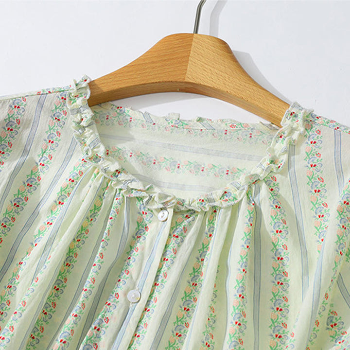 Buddha Stones Summer Casual Elegant Button-Up Floral Striped Crew Neck Women's Short Sleeve Shirts - image 21