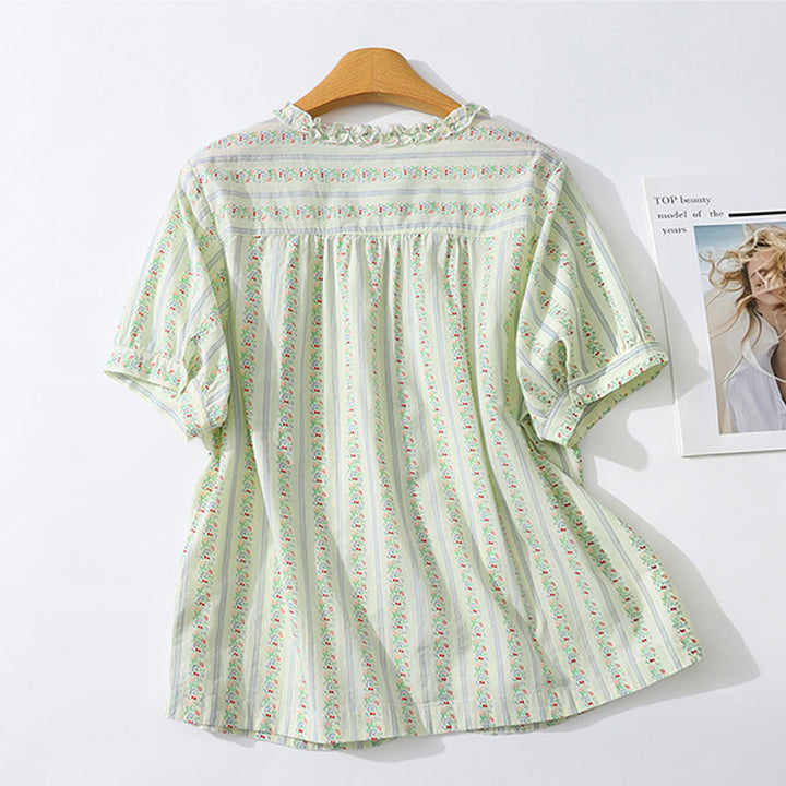 Buddha Stones Summer Casual Elegant Button-Up Floral Striped Crew Neck Women's Short Sleeve Shirts - image 20