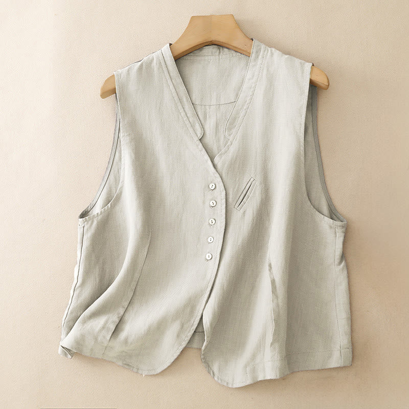 Buddha Stones Summer Casual Minimalist V-Neck Button-Up Solid Tank Top Women's Sleeveless Shirts - Linen - US12, UK/AU16, EU44 (2XL) - image 0