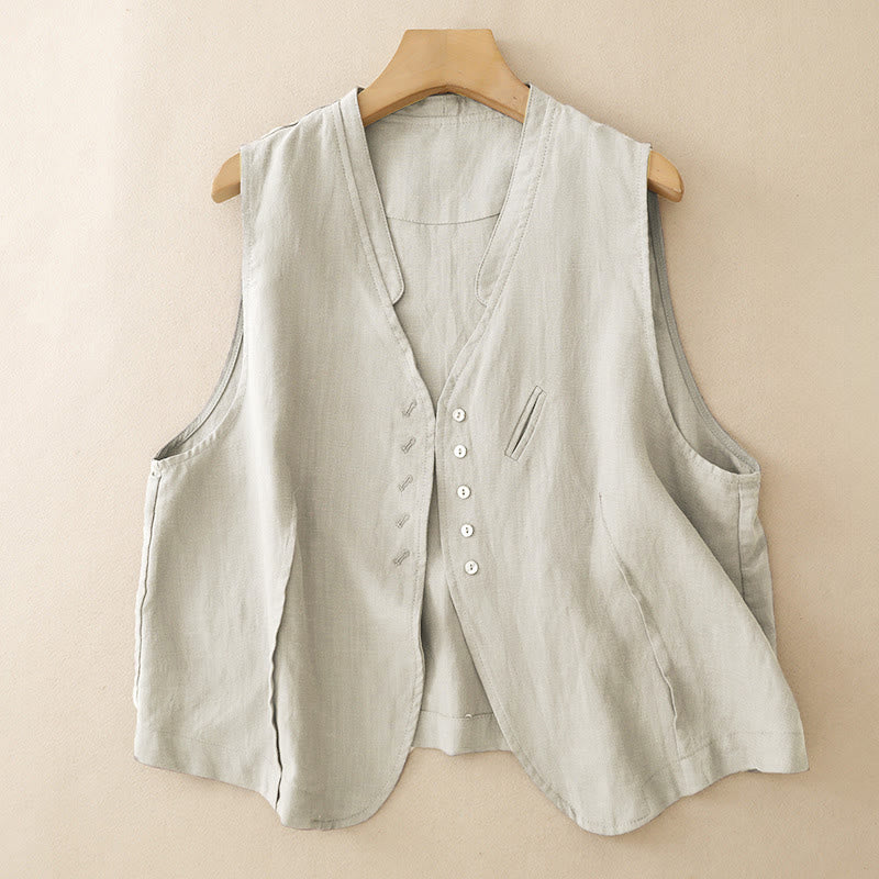 Buddha Stones Summer Casual Minimalist V-Neck Button-Up Solid Tank Top Women's Sleeveless Shirts - image 1