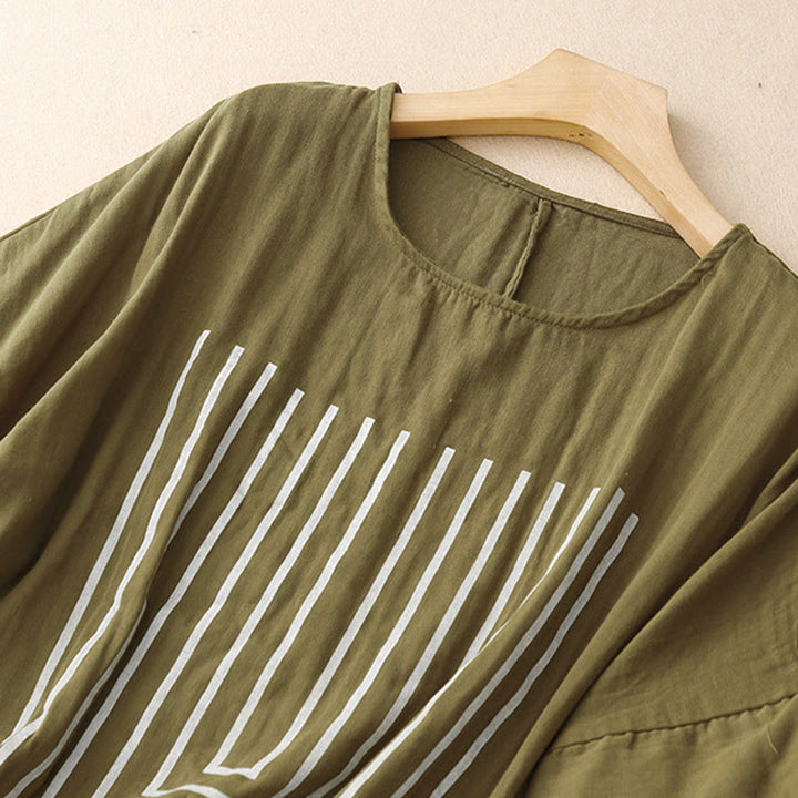 Buddha Stones Casual Line Printing Pattern Short Sleeve Cotton Linen Women's T-Shirt - image 2