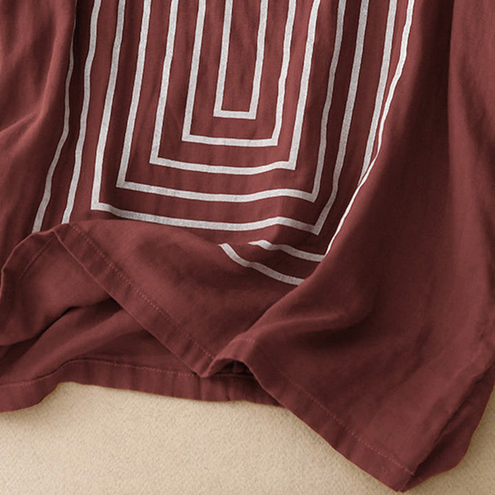 Buddha Stones Casual Line Printing Pattern Short Sleeve Cotton Linen Women's T-Shirt - image 9