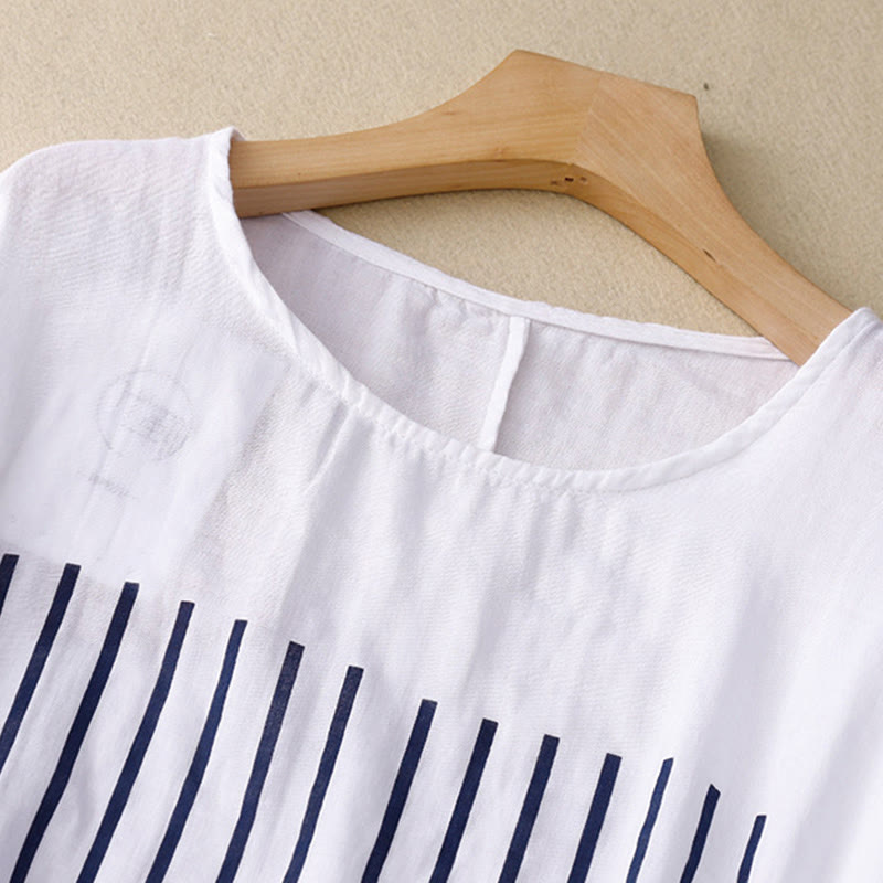 Buddha Stones Casual Line Printing Pattern Short Sleeve Cotton Linen Women's T-Shirt - image 12