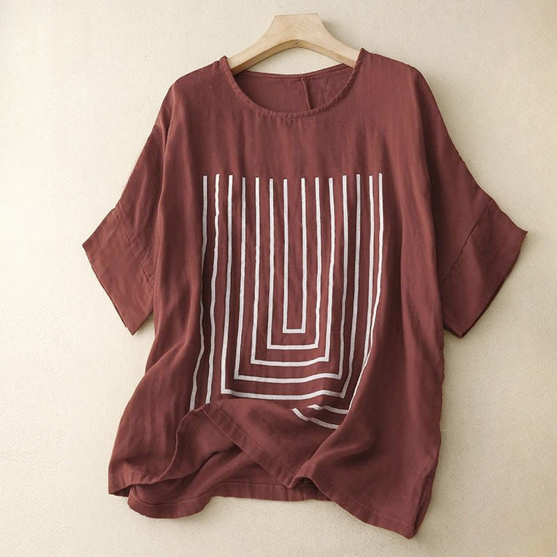 Buddha Stones Casual Line Printing Pattern Short Sleeve Cotton Linen Women's T-Shirt - Maroon - US12，UK/AU16，EU44 (2XL) - image 7