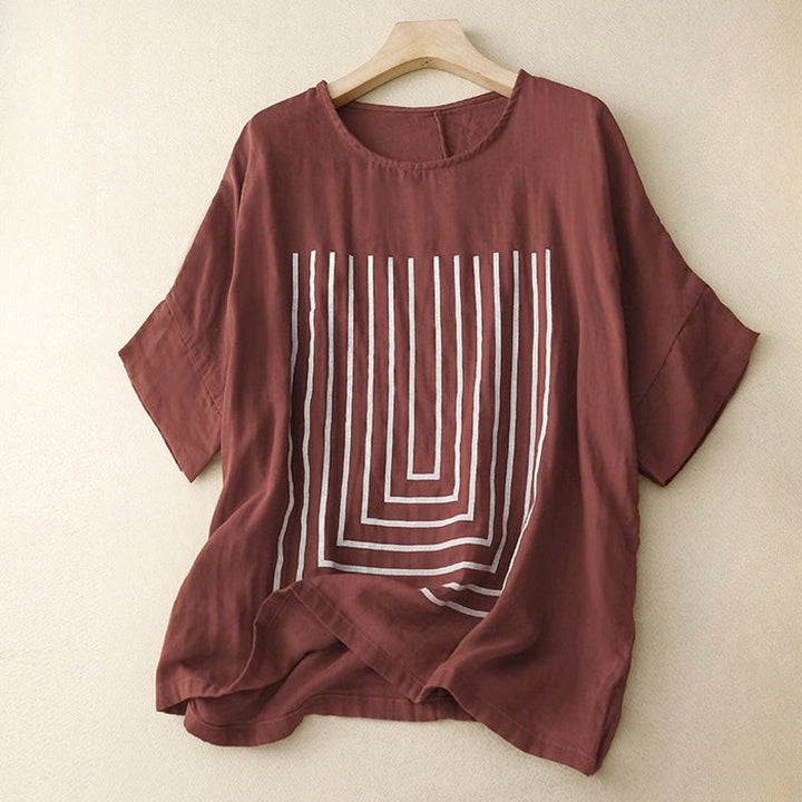 Buddha Stones Casual Line Printing Pattern Short Sleeve Cotton Linen Women's T-Shirt - Maroon - US12，UK/AU16，EU44 (2XL) - image 7