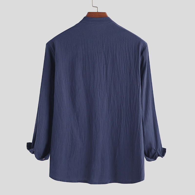 Buddha Stones Solid Color Half Buttons Long Sleeve Cotton Men's Shirts - image 5