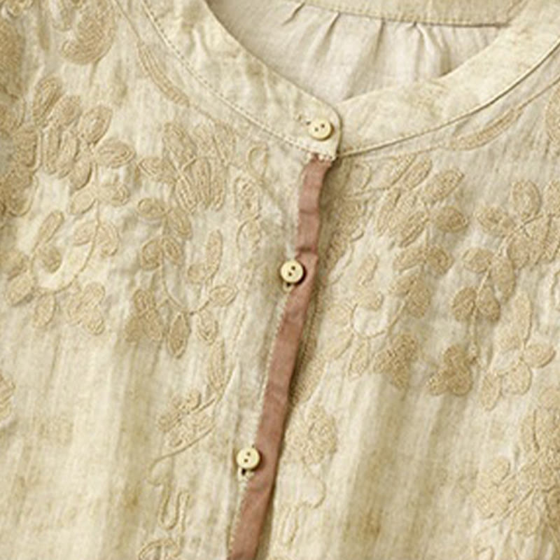 Buddha Stones Summer Casual Embroidered Stand Collar Design Three Quarter Sleeve Midi Dress - image 10