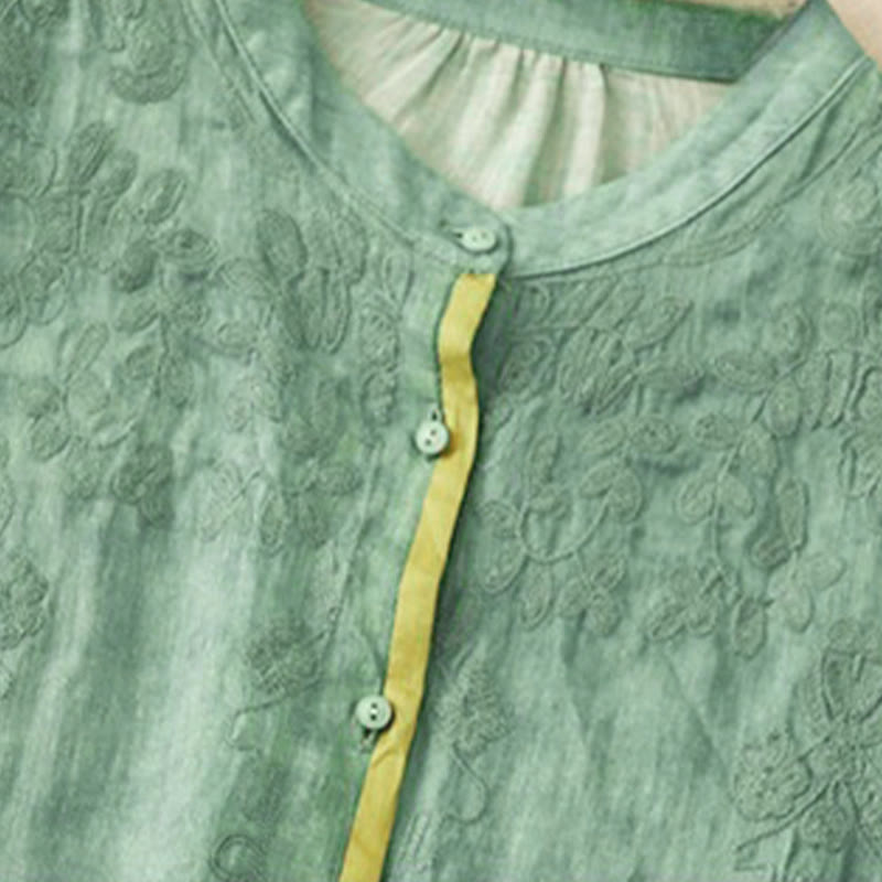 Buddha Stones Summer Casual Embroidered Stand Collar Design Three Quarter Sleeve Midi Dress - image 1