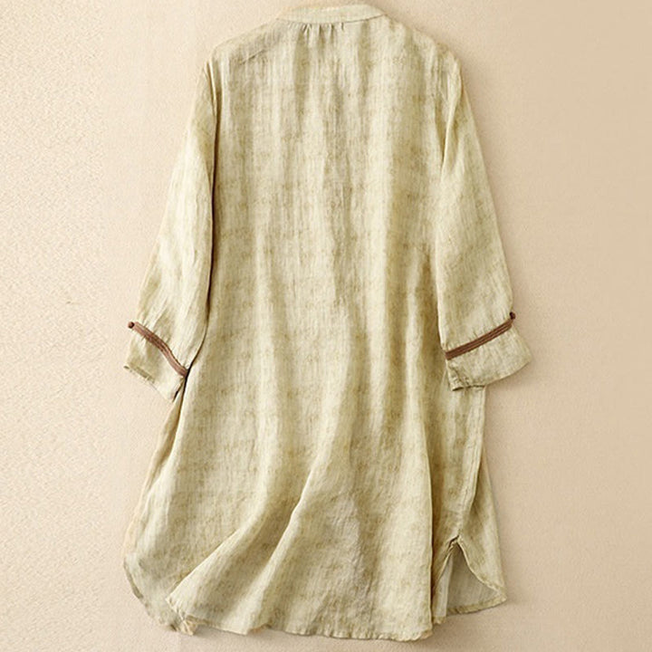 Buddha Stones Summer Casual Embroidered Stand Collar Design Three Quarter Sleeve Midi Dress - image 12