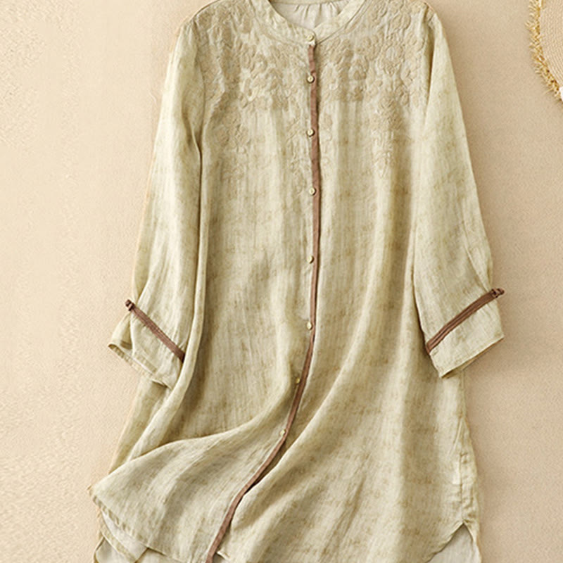 Buddha Stones Summer Casual Embroidered Stand Collar Design Three Quarter Sleeve Midi Dress - image 13