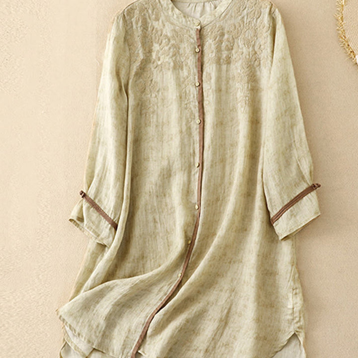 Buddha Stones Summer Casual Embroidered Stand Collar Design Three Quarter Sleeve Midi Dress - image 13