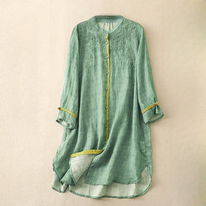 Buddha Stones Summer Casual Embroidered Stand Collar Design Three Quarter Sleeve Midi Dress - MediumSeaGreen - US8-10，UK/AU12-14，EU40-42 (2XL) - image 0