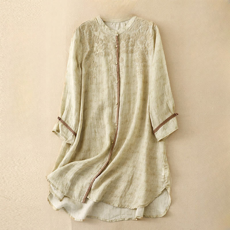 Buddha Stones Summer Casual Embroidered Stand Collar Design Three Quarter Sleeve Midi Dress - LemonChiffon - US8-10，UK/AU12-14，EU40-42 (2XL) - image 11
