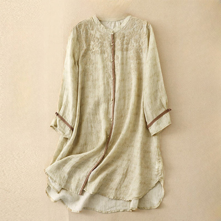 Buddha Stones Summer Casual Embroidered Stand Collar Design Three Quarter Sleeve Midi Dress - LemonChiffon - US8-10，UK/AU12-14，EU40-42 (2XL) - image 11