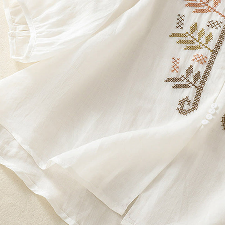 Buddha Stones Casual Artistic Embroidery Leaves Pattern Women's Three Quarter Sleeve Shirt - image 19