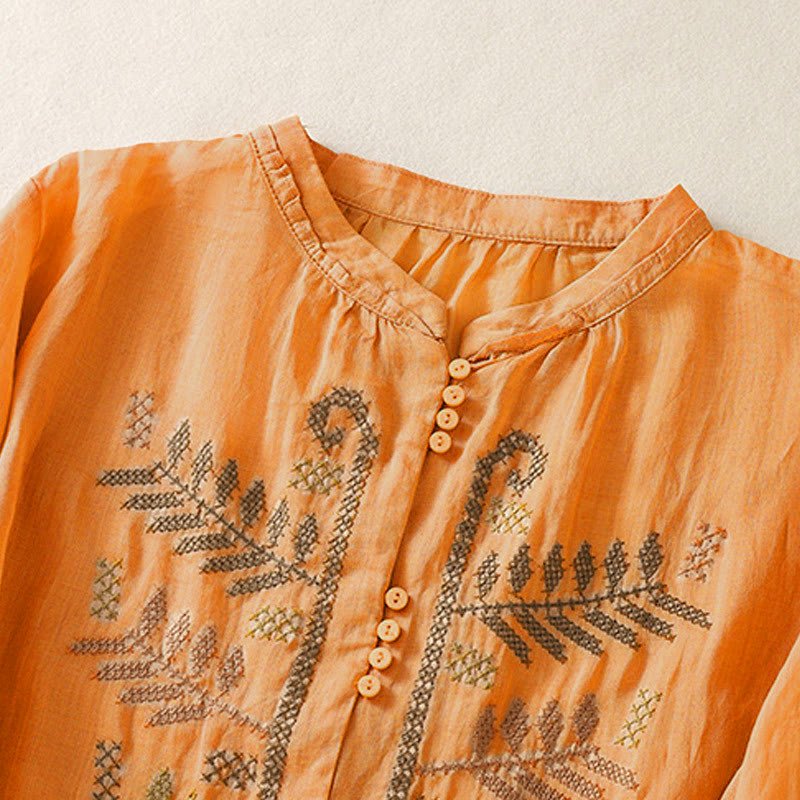 Buddha Stones Casual Artistic Embroidery Leaves Pattern Women's Three Quarter Sleeve Shirt - image 2