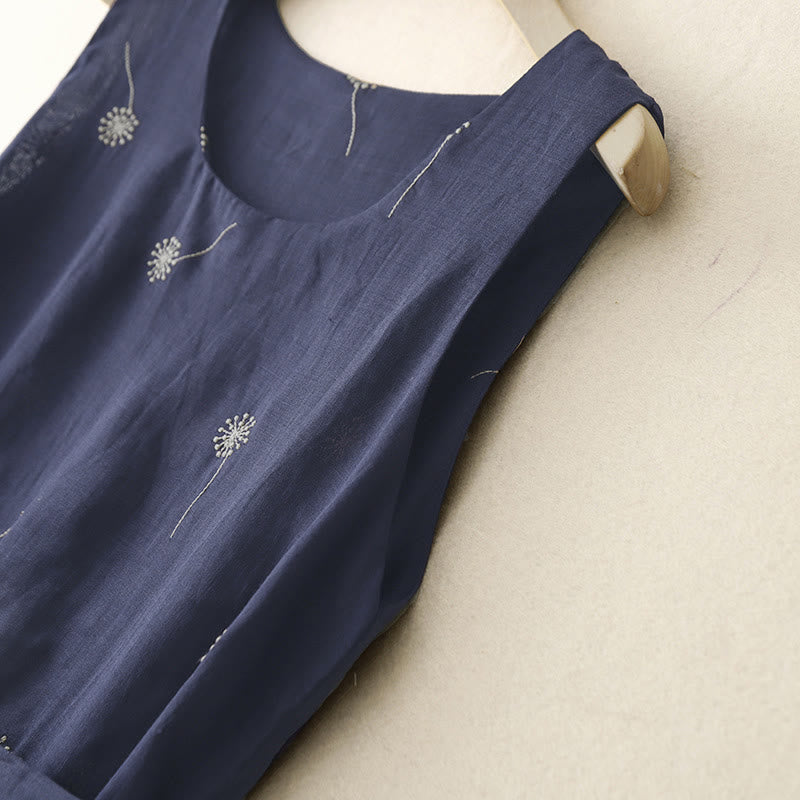 Buddha Stones MidnightBlue Printing Lace-Up Design Sleeveless Cotton Midi Dress With Pockets - image 3