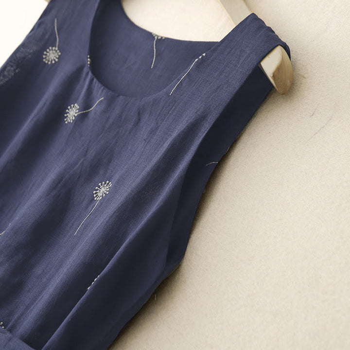 Buddha Stones MidnightBlue Printing Lace-Up Design Sleeveless Cotton Midi Dress With Pockets - image 3