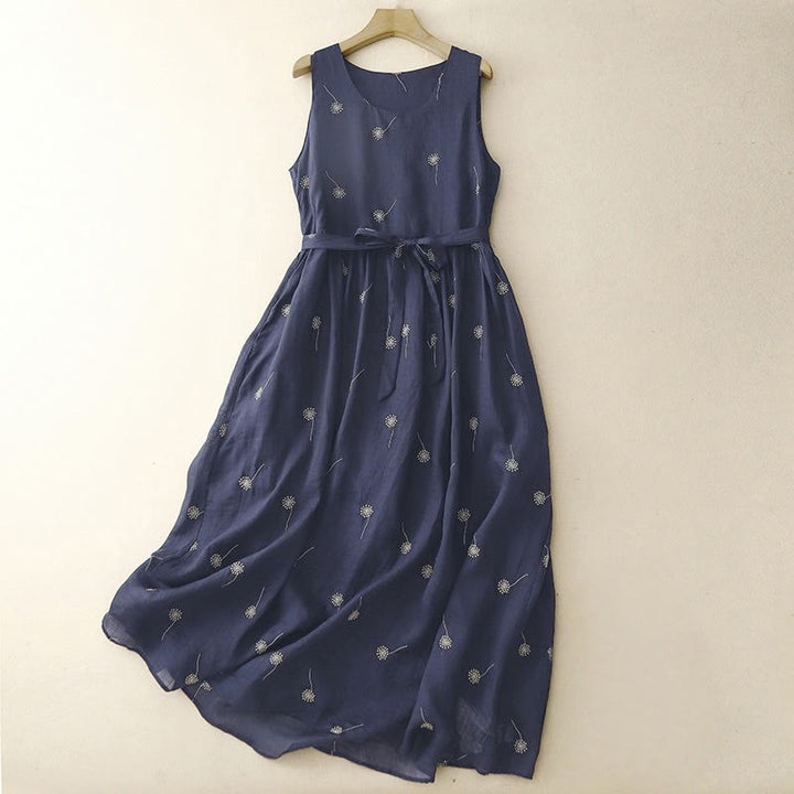 Buddha Stones MidnightBlue Printing Lace-Up Design Sleeveless Cotton Midi Dress With Pockets - MidnightBlue - US8-10，UK/AU12-14，EU40-42 (2XL) - image 0
