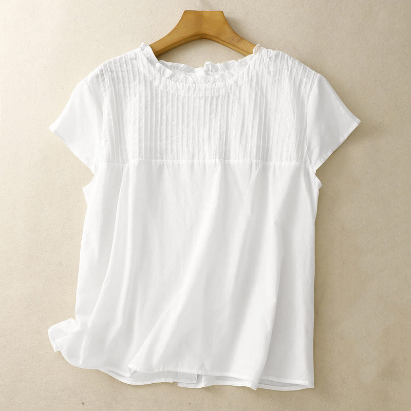 Buddha Stones Summer Pure Color Ruffled Pleated Design Women's Short Sleeve Shirt - White - US6，UK/AU10，EU38 (2XL) - image 10