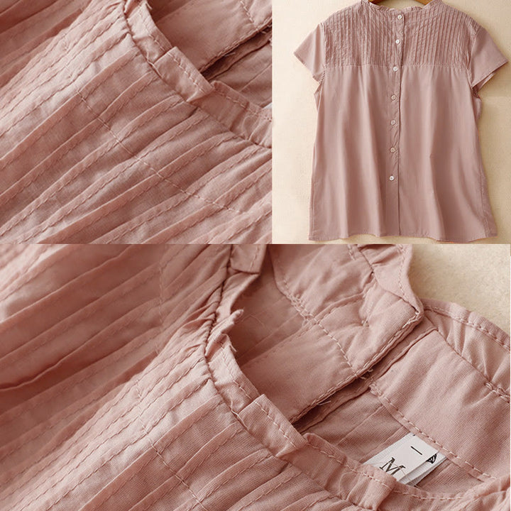 Buddha Stones Summer Pure Color Ruffled Pleated Design Women's Short Sleeve Shirt - image 4