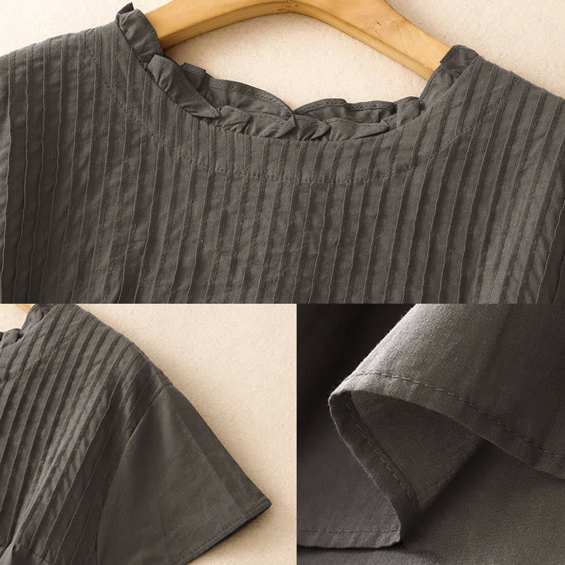Buddha Stones Summer Pure Color Ruffled Pleated Design Women's Short Sleeve Shirt - image 7