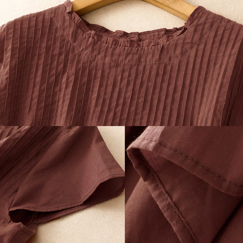 Buddha Stones Summer Pure Color Ruffled Pleated Design Women's Short Sleeve Shirt - image 15