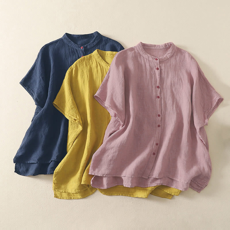 Buddha Stones Summer Plain Red Buttons Short Sleeve Women's Shirt - image 18