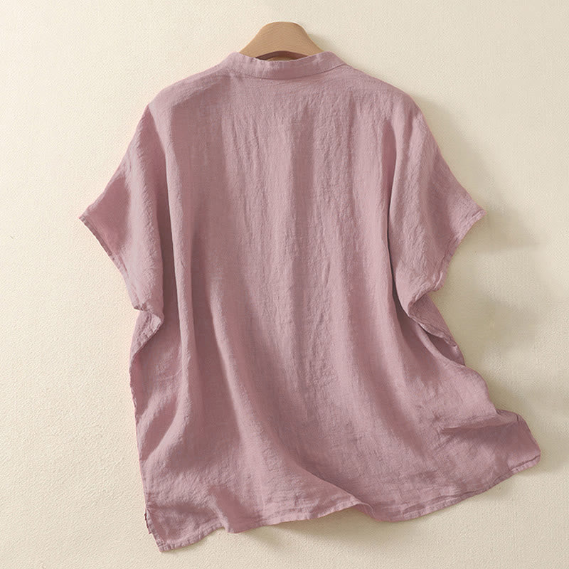 Buddha Stones Summer Plain Red Buttons Short Sleeve Women's Shirt - image 5