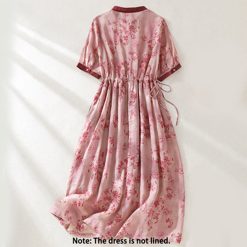 Buddha Stones Printing Buttons Drawstring High Waist Short Sleeve Midi Dress With Pockets - image 1