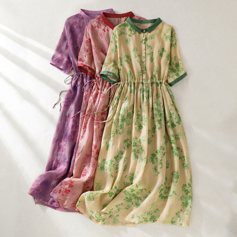 Buddha Stones Printing Buttons Drawstring High Waist Short Sleeve Midi Dress With Pockets - image 28