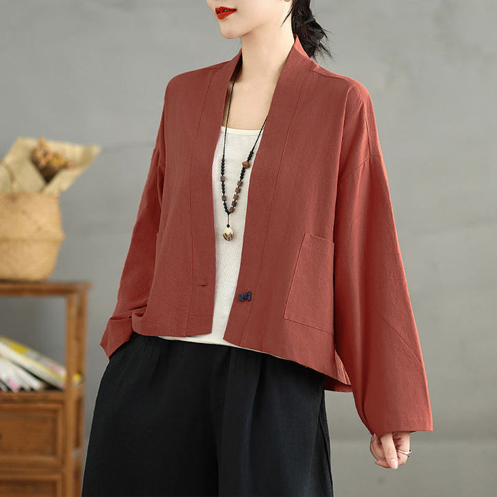Buddha Stones Casual Vintage Plain Long Sleeve Open Front Jacket With Pockets - OrangeRed - US14，UK/AU18，EU46 (2XL) - image 8
