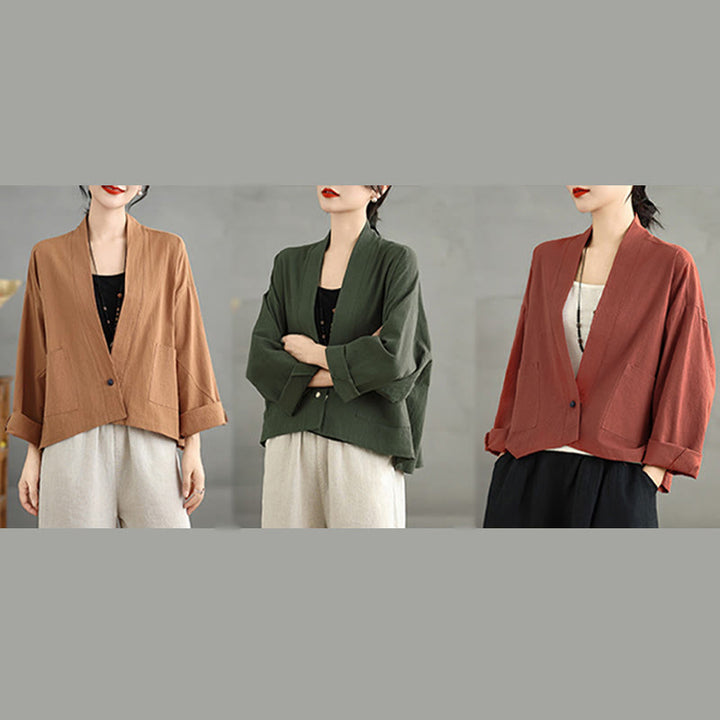Buddha Stones Casual Vintage Plain Long Sleeve Open Front Cropped Jacket With Pockets - image 22