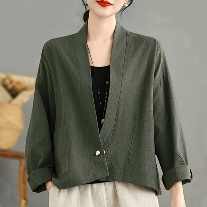 Buddha Stones Casual Vintage Plain Long Sleeve Open Front Cropped Jacket With Pockets - image 15