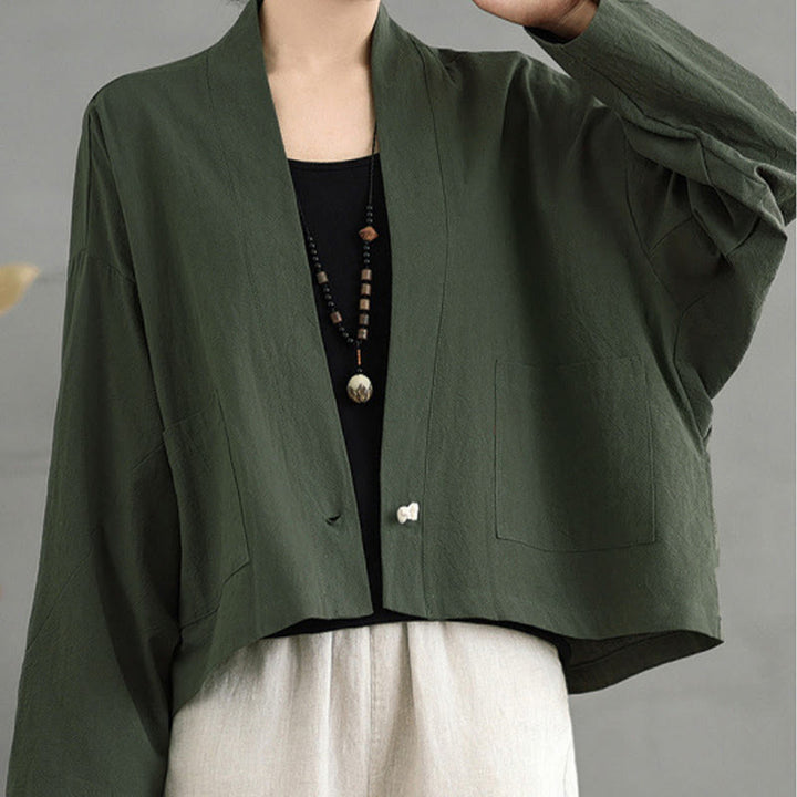 Buddha Stones Casual Vintage Plain Long Sleeve Open Front Jacket With Pockets - DarkOliveGreen - US14，UK/AU18，EU46 (2XL) - image 14