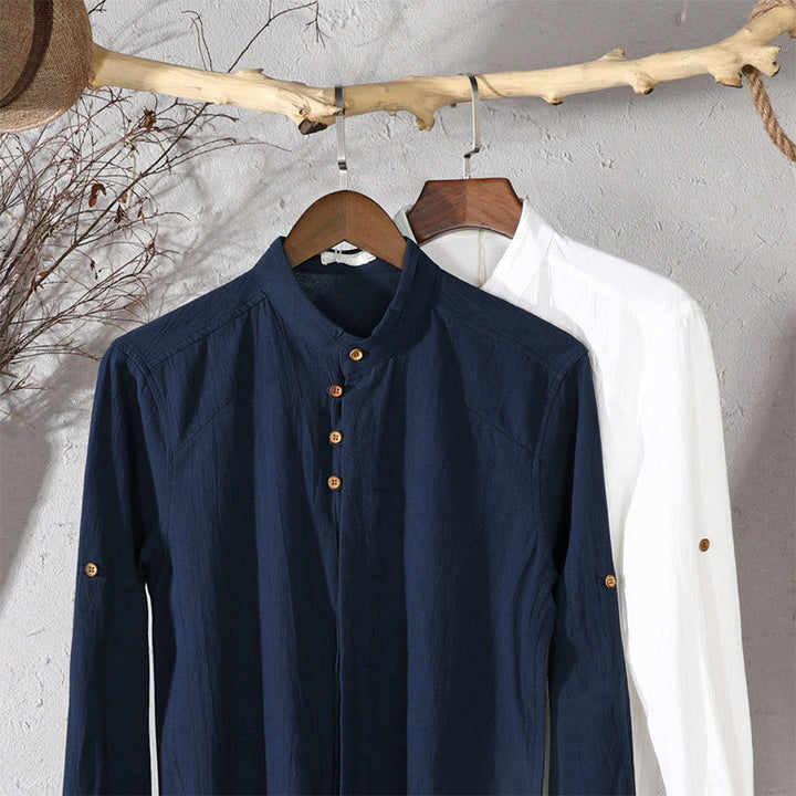 Buddha Stones Men's Slim Fit Design Stand Collar Crew Neck Long Sleeve Cotton Linen Shirt - image 13